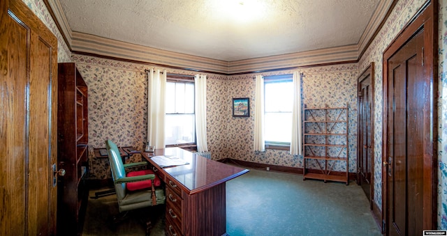 unfurnished office featuring a textured ceiling, crown molding, and dark carpet