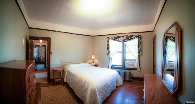 bedroom with radiator and dark hardwood / wood-style floors