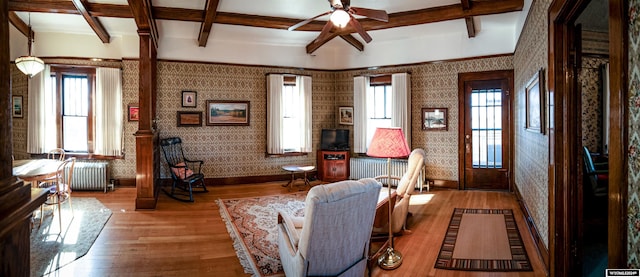 living area featuring hardwood / wood-style floors, a healthy amount of sunlight, beam ceiling, and radiator