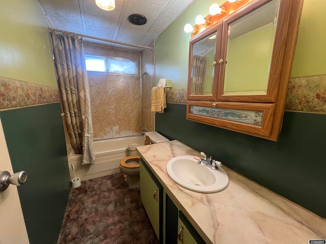 full bathroom with vanity, a textured ceiling, toilet, and shower / bathtub combination with curtain