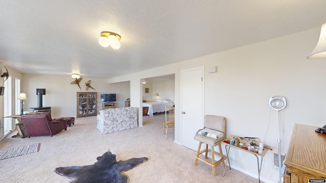 carpeted living room with a textured ceiling