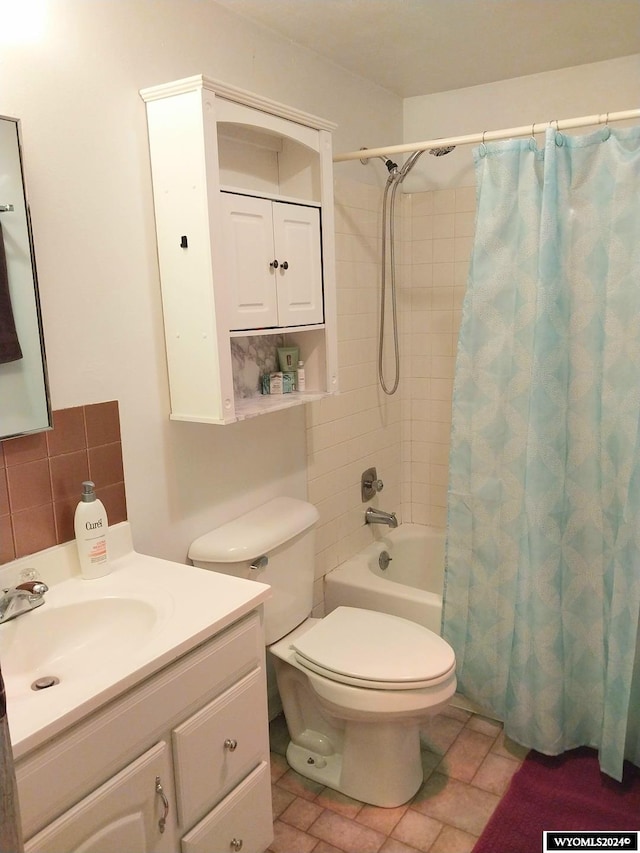 full bathroom with tile patterned flooring, shower / bath combination with curtain, backsplash, vanity, and toilet