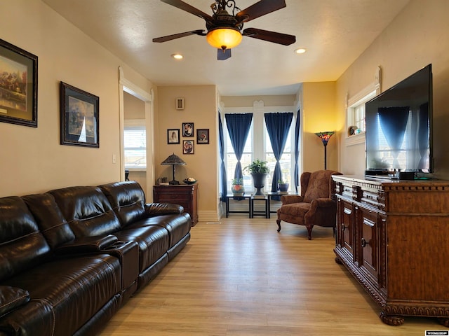 living room featuring ceiling fan and light hardwood / wood-style flooring