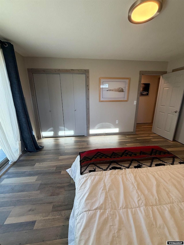 unfurnished bedroom with a closet and dark hardwood / wood-style floors