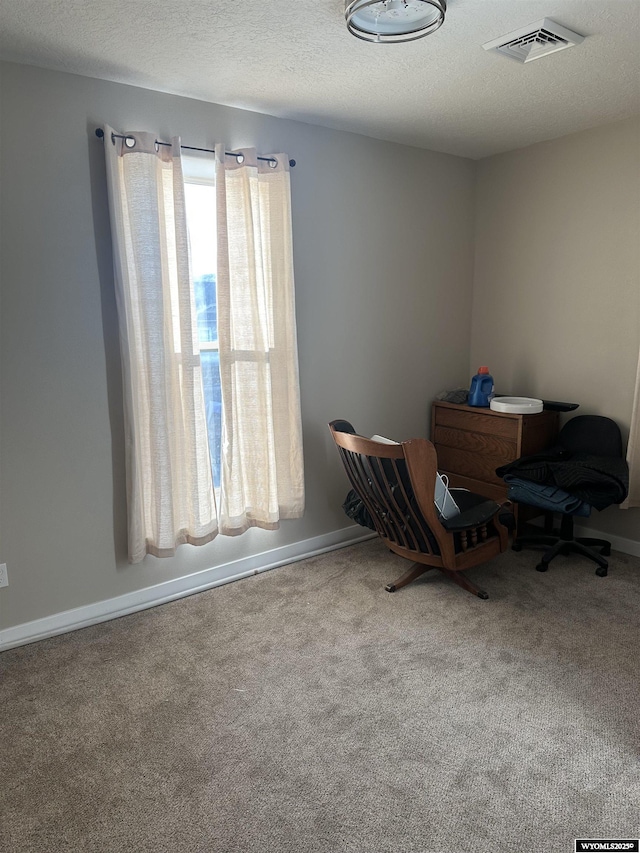 living area featuring a textured ceiling, carpet flooring, baseboards, and visible vents