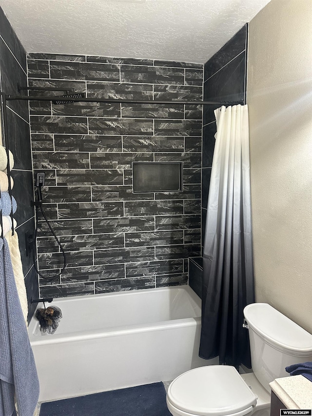 full bathroom featuring toilet, a textured ceiling, and shower / tub combo with curtain