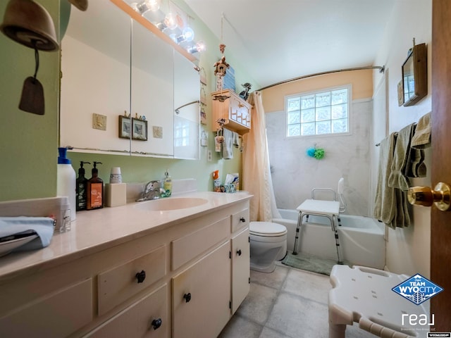 full bathroom with vanity, toilet, and shower / bathtub combination with curtain