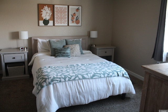 bedroom with dark colored carpet