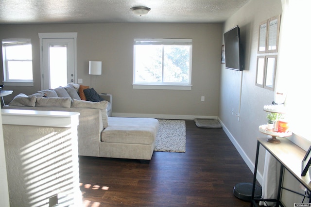 living room with a textured ceiling and dark wood-type flooring