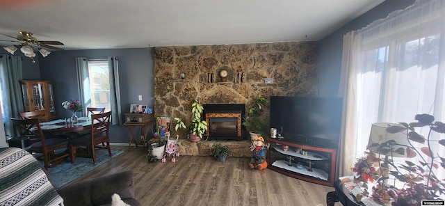 living room with a stone fireplace, ceiling fan, and wood-type flooring