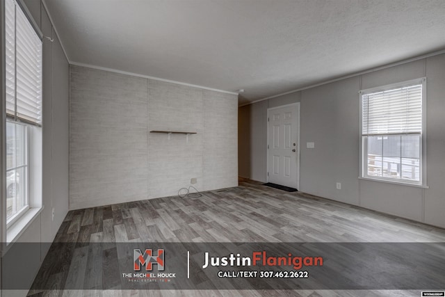 interior space with hardwood / wood-style flooring, ornamental molding, and a textured ceiling