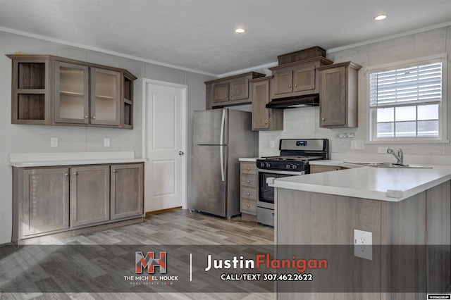 kitchen featuring sink, stainless steel appliances, light hardwood / wood-style flooring, kitchen peninsula, and ornamental molding