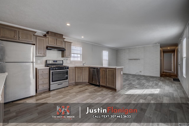 kitchen with crown molding, light wood-type flooring, kitchen peninsula, and stainless steel appliances