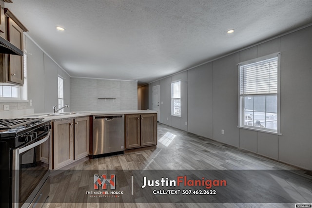 kitchen with a textured ceiling, plenty of natural light, stainless steel appliances, and light hardwood / wood-style flooring