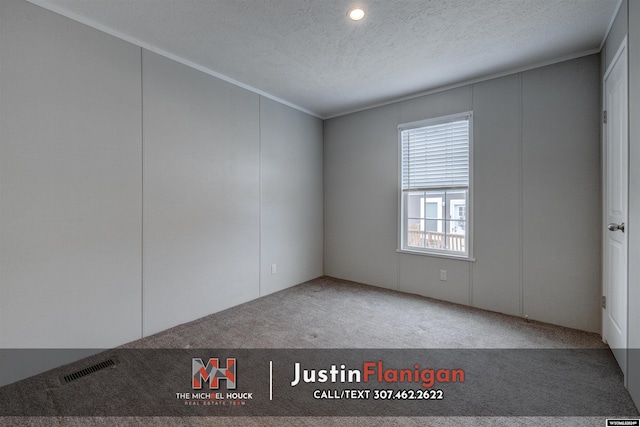 carpeted spare room featuring a textured ceiling and crown molding