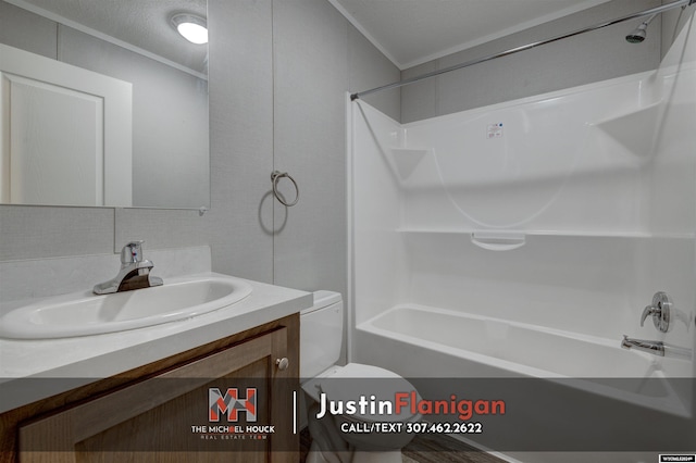 full bathroom featuring vanity, toilet, shower / bath combination, and crown molding