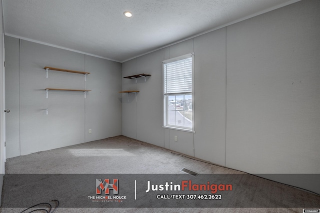 carpeted empty room featuring a textured ceiling and crown molding