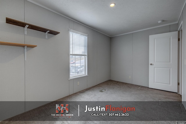 carpeted empty room featuring a textured ceiling and ornamental molding