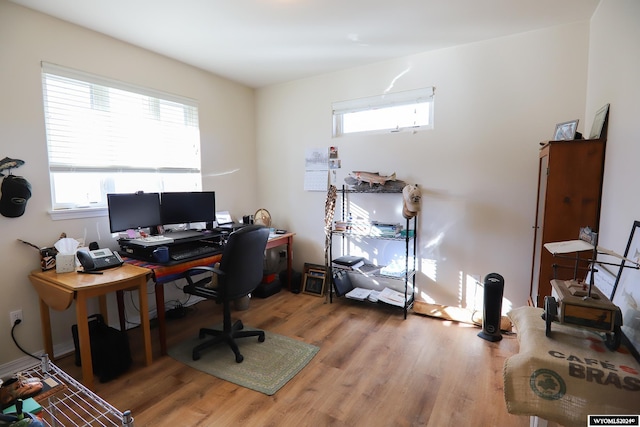 home office with hardwood / wood-style flooring