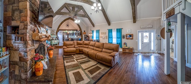 living room featuring beam ceiling, ceiling fan with notable chandelier, high vaulted ceiling, and hardwood / wood-style floors