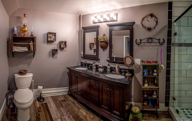 bathroom featuring a shower, vanity, wood-type flooring, and toilet