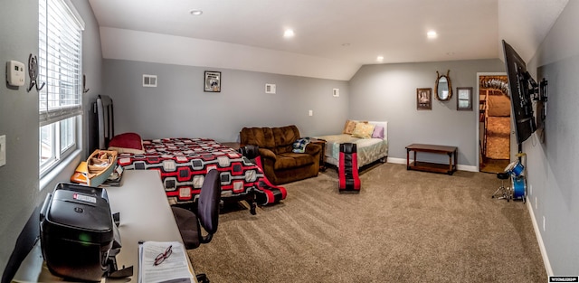 rec room featuring carpet and lofted ceiling