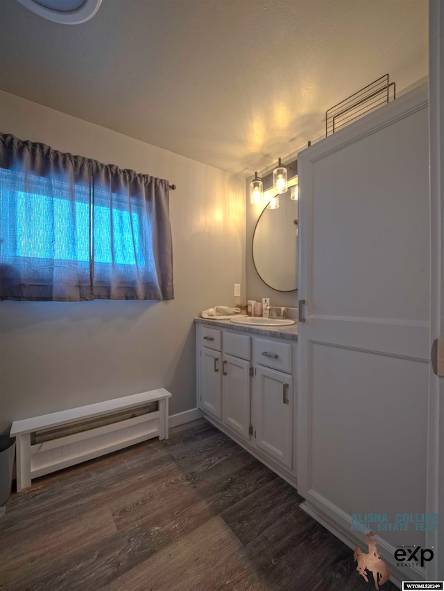 bathroom with vanity, wood-type flooring, and a baseboard heating unit