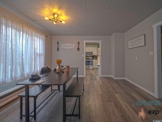 dining space with a paneled ceiling and dark hardwood / wood-style floors