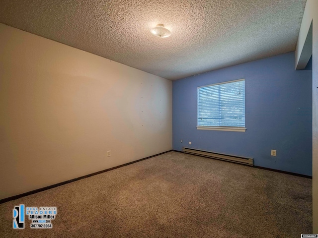 carpeted spare room featuring a baseboard radiator and a textured ceiling