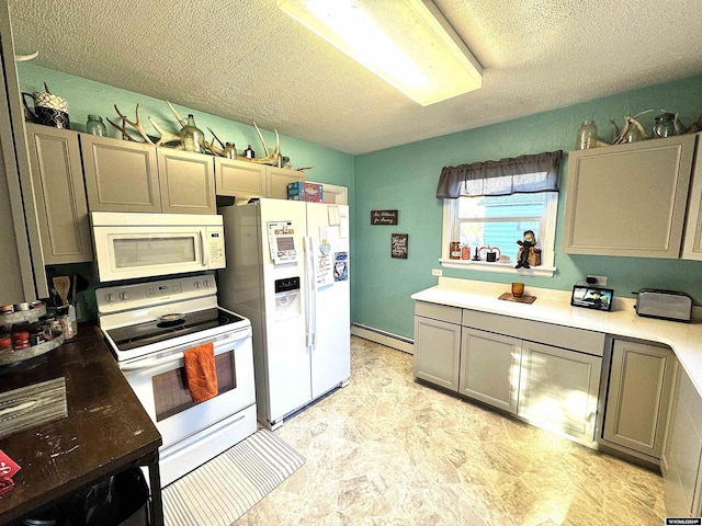 kitchen with a textured ceiling, white appliances, and a baseboard radiator