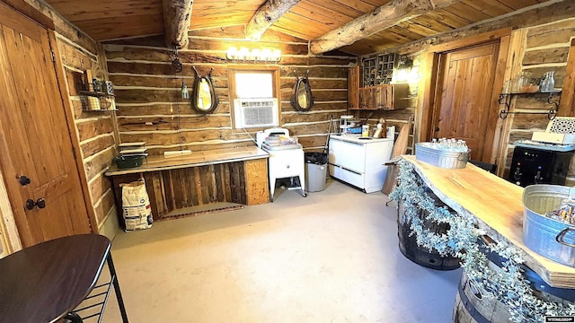 misc room with cooling unit, wooden walls, vaulted ceiling with beams, wood ceiling, and washer / clothes dryer