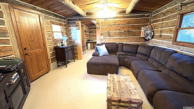 living room featuring wooden walls, wood ceiling, and a wealth of natural light