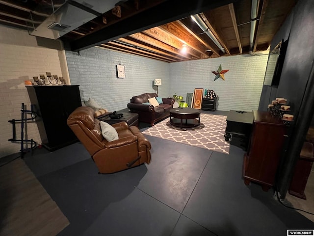 basement with brick wall