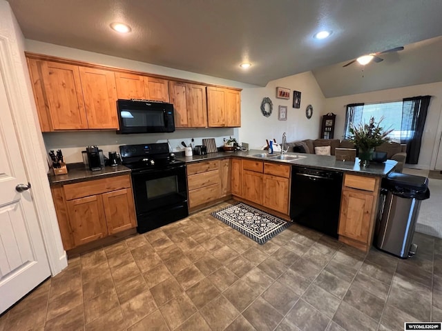 kitchen featuring black appliances, ceiling fan, kitchen peninsula, and sink