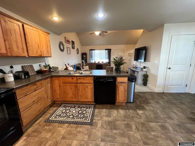 kitchen with black appliances, sink, vaulted ceiling, ceiling fan, and kitchen peninsula