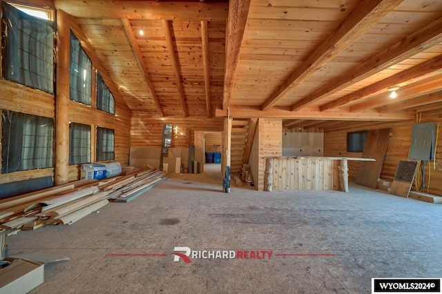 311 Bridge Ave, Worland, WY 82401 - unfurnished living room featuring electric panel and wooden ceiling