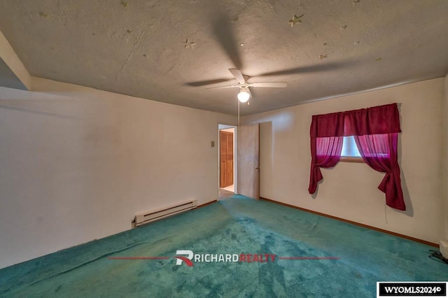 unfurnished room with ceiling fan, carpet floors, a textured ceiling, and a baseboard radiator