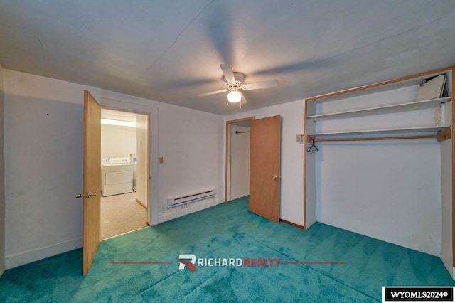 unfurnished bedroom featuring carpet, ceiling fan, a baseboard radiator, washer / clothes dryer, and a closet