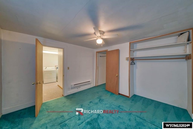 323 Bridge Ave, Worland, WY 82401 - unfurnished bedroom featuring washer / dryer, baseboard heating, carpet, and a ceiling fan