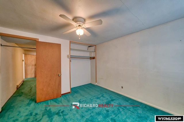 unfurnished bedroom with carpet floors, a closet, and ceiling fan