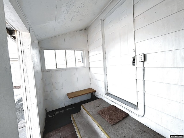 bathroom with vaulted ceiling and wooden walls