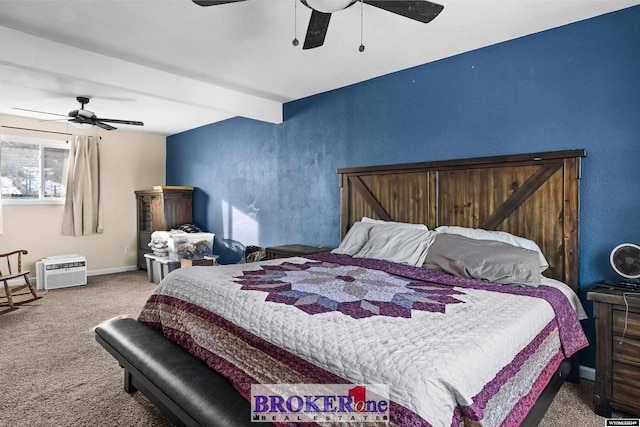 carpeted bedroom featuring ceiling fan, beam ceiling, and a wall unit AC