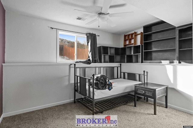 bedroom featuring ceiling fan and carpet floors