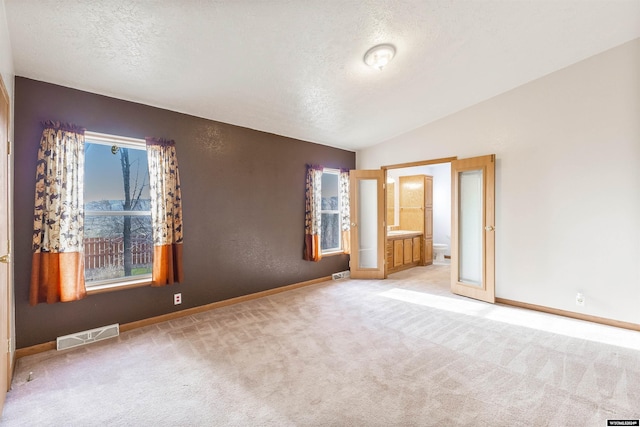 empty room featuring light carpet, a textured ceiling, and lofted ceiling