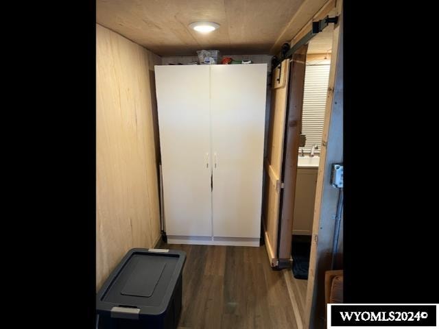 hallway with wood walls, a barn door, and dark hardwood / wood-style flooring