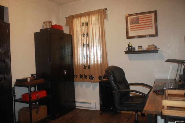 office space featuring a baseboard radiator and dark hardwood / wood-style floors