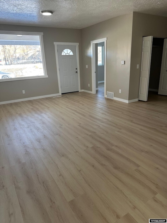 foyer with a textured ceiling, a wealth of natural light, and light hardwood / wood-style flooring