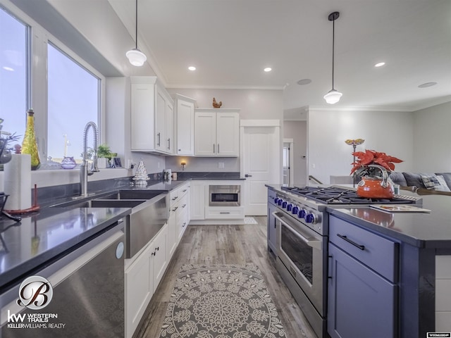 kitchen featuring white cabinets, decorative light fixtures, crown molding, and stainless steel appliances