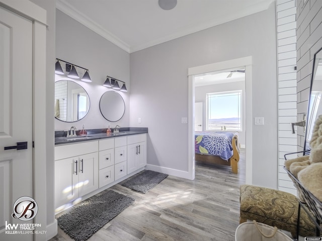 bathroom featuring wood-type flooring, vanity, and crown molding