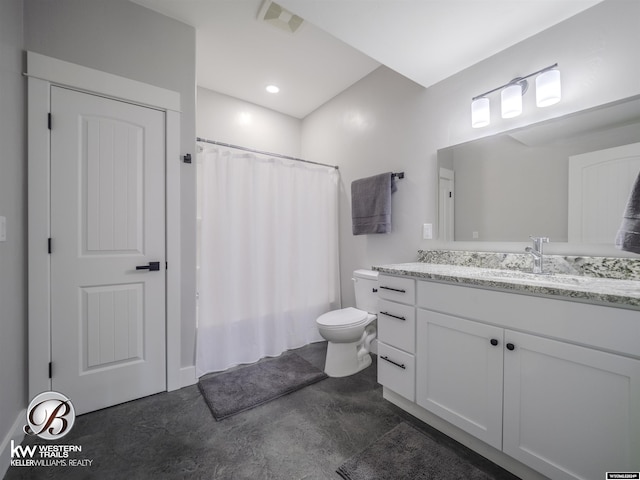 bathroom with vanity, toilet, concrete flooring, and walk in shower